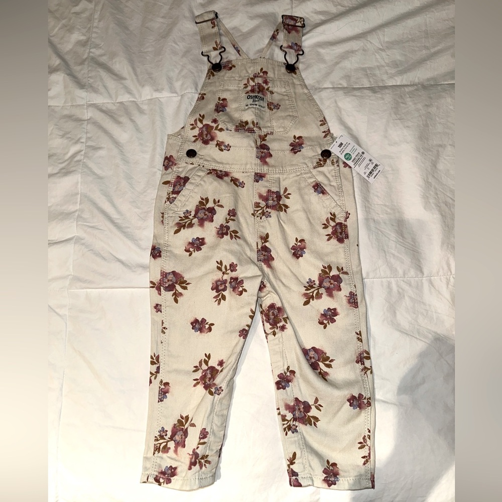 Never Been Worn, OshKosh Tan Overalls with Maroon/Brown and Purple Flowers